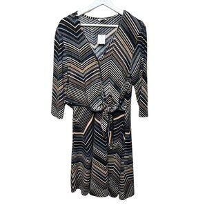 Cato Chevron Dress Size Large Brown Blue V Neck Tie Waist